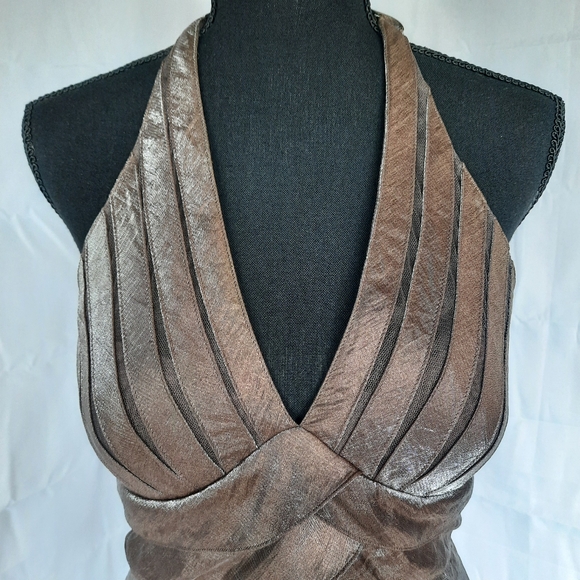 Vintage Cache Cocktail Dress Sz 6 Bronze Brown V Neck Halter Mermaid Tier Fairy - Picture 3 of 16